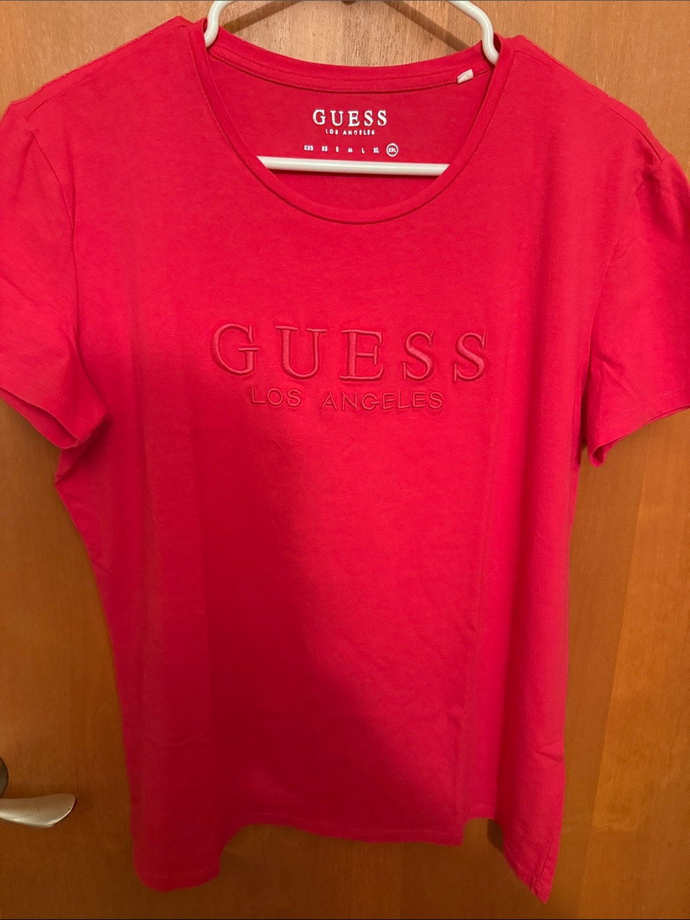 GUESS Women's Red Embroidered Logo Short Sleeve Tee